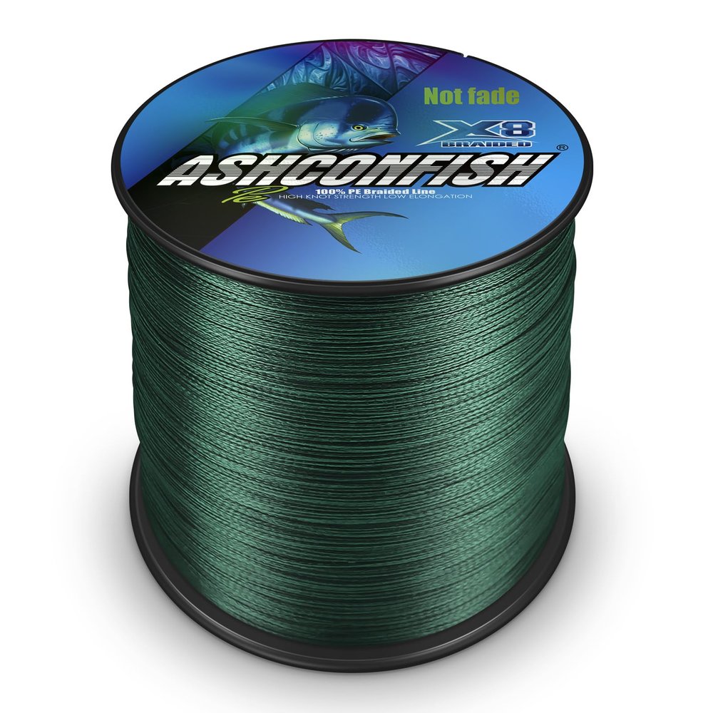 Ashconfish Colorfast Braided Fishing Line- 8 Strands Braided Lines Fadeless -Abrasion Resistant - Zero Stretch-Smaller Diameter, 2000M/2187Yards 150LB Moss Green