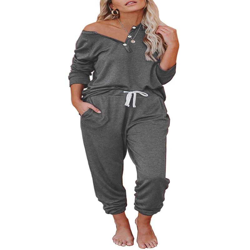 AUTOMET Lounge Sets for Women Comfy 2 Piece Pajamas Sets Fall Loungewear Pjs Outfits Sweatsuits with Sweatpants 2025 Black Grey M