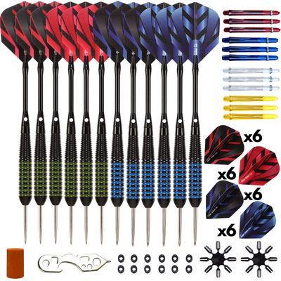 Steel Tip Darts Set - Professional 12PC Darts Steel Tip for Dartboard - Includes Steel Brass Barrels + Plastic & Aluminum Shafts + O-Ring's + Flights & Protectors + Sharpener + Wrench (21g-STC10431)