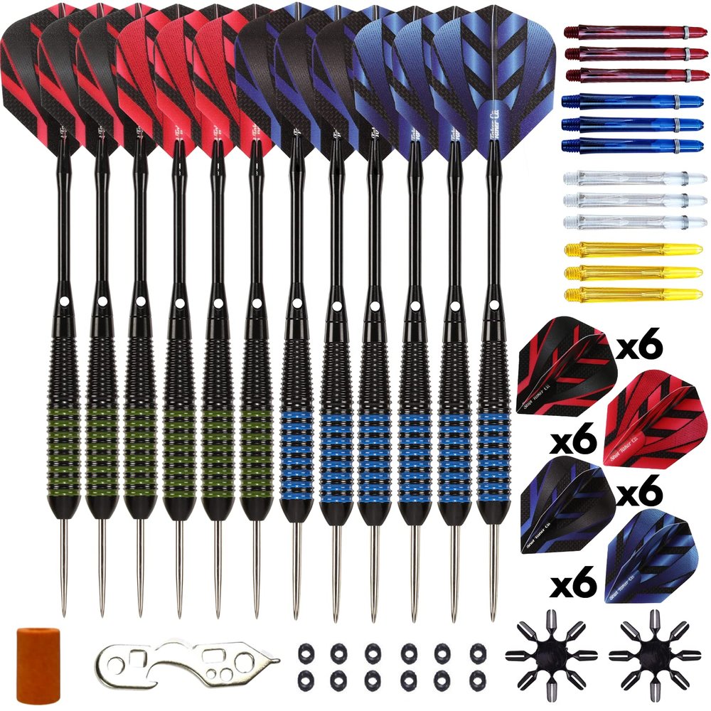 Steel Tip Darts Set - Professional 12PC Darts Steel Tip for Dartboard - Includes Steel Brass Barrels + Plastic & Aluminum Shafts + O-Ring's + Flights & Protectors + Sharpener + Wrench (21g-STC10431)