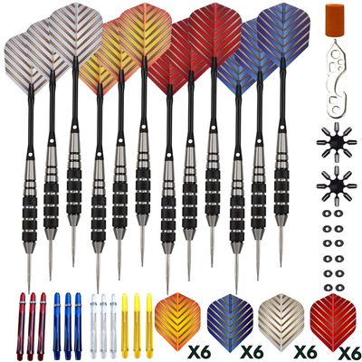 Steel Tip Darts Set - Professional 12PC Darts Steel Tip for Dartboard - Includes Steel Brass Barrels + Plastic & Aluminum Shafts + O-Ring's + Flights & Protectors + Sharpener + Wrench (22g-STC10432)