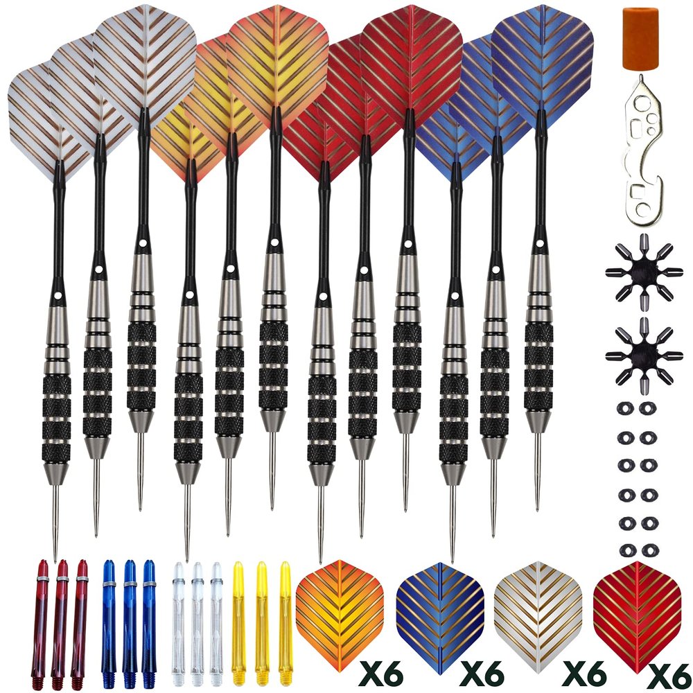 Steel Tip Darts Set - Professional 12PC Darts Steel Tip for Dartboard - Includes Steel Brass Barrels + Plastic & Aluminum Shafts + O-Ring's + Flights & Protectors + Sharpener + Wrench (22g-STC10432)