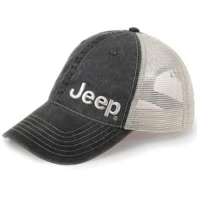 Jeep Garment Washed Text Logo Trucker Hat | Unstructured Low Profile Cap with Mesh Back & Snap Closure (US, Alpha, One Size, Black)