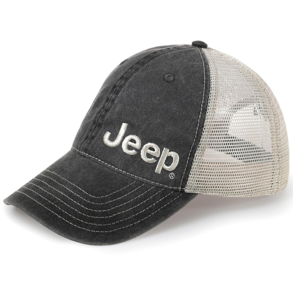Jeep Garment Washed Text Logo Trucker Hat  | Unstructured Low Profile Cap with Mesh Back & Snap Closure (US, Alpha, One Size, Black)
