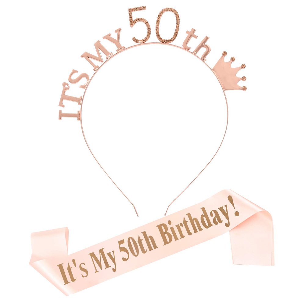 50th Birthday Sash and Tiara, Rose Gold, for Women