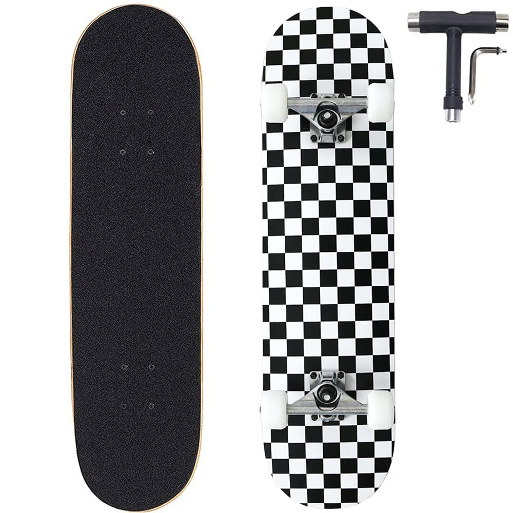 ANNEE 31x8 Inch Pro Skateboard Complete,7 Layer Canadian Maple Wood Double Kick Concave Skate Boards, Tricks Skateboards for Youths,Beginners,Girls,Boys,Kids,Teens,Adults (Black, White)