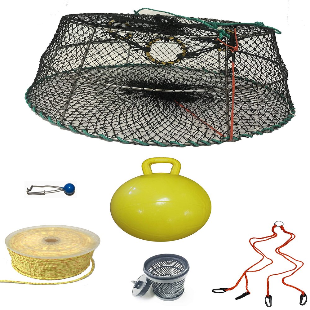 KUFA Sports Tower Style Prawn Trap with 400' Rope, Yellow Float, Vented Bait Jar & Harness Combo (CT77+PA56+HA2)