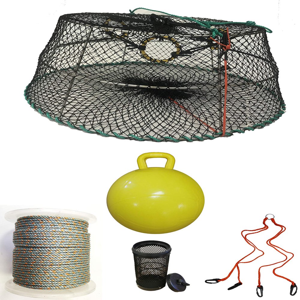 KUFA Sports Tower Style Prawn Trap with 400' Rope, Yellow Float, Vented Bait Jar & Harness Combo (CT77+PAL59+HA2)