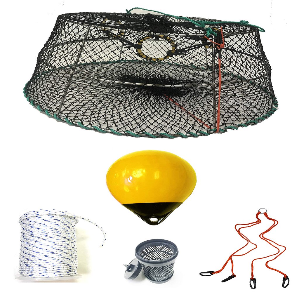 KUFA Sports Tower Style Prawn Trap with 400' Rope, Yellow Float, Vented Bait Jar & Harness Combo (CT77+PAS306+HA2)
