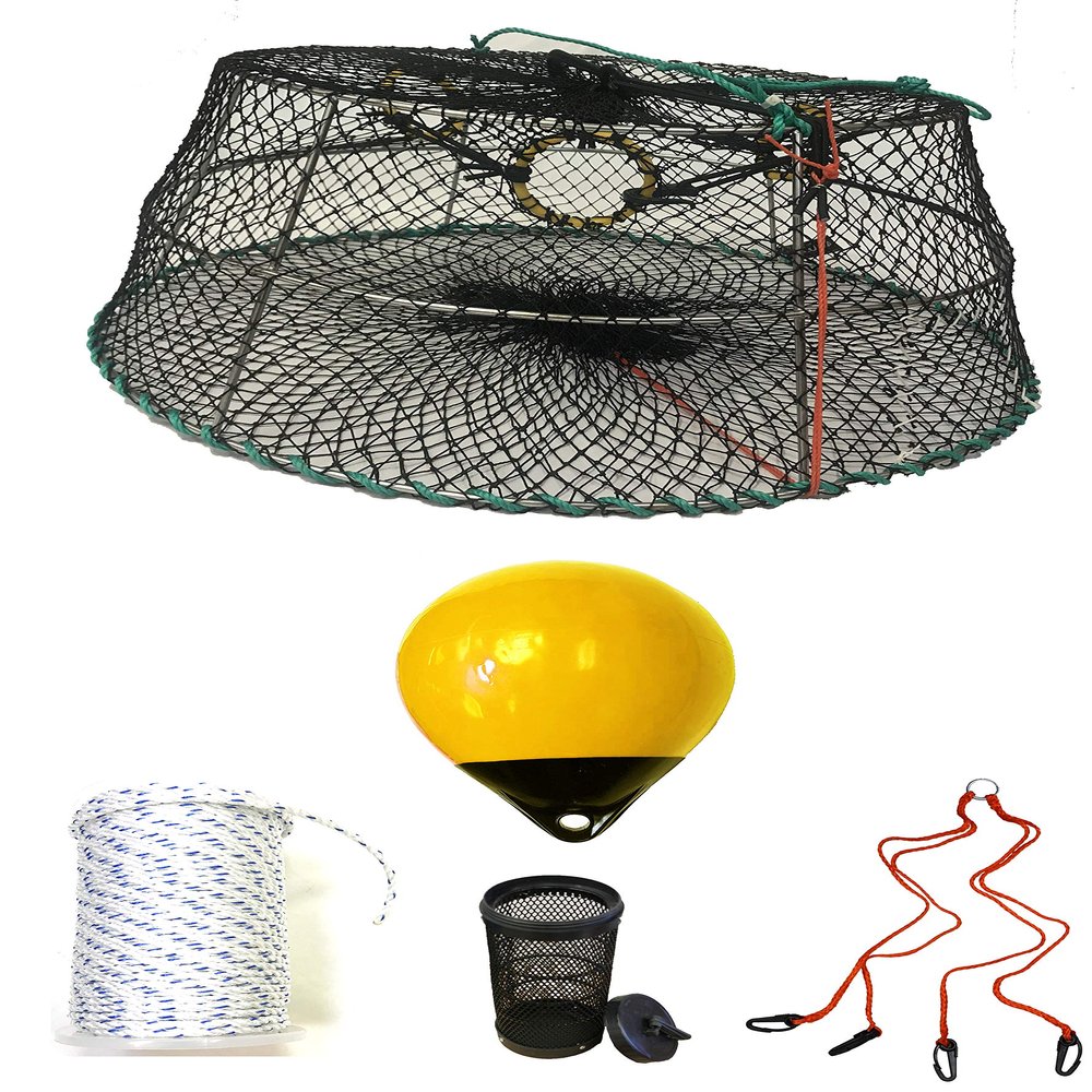 KUFA Sports Tower Style Prawn Trap with 400' Rope, Yellow Float, Vented Bait Jar & Harness Combo (CT77+PAS309+HA2)