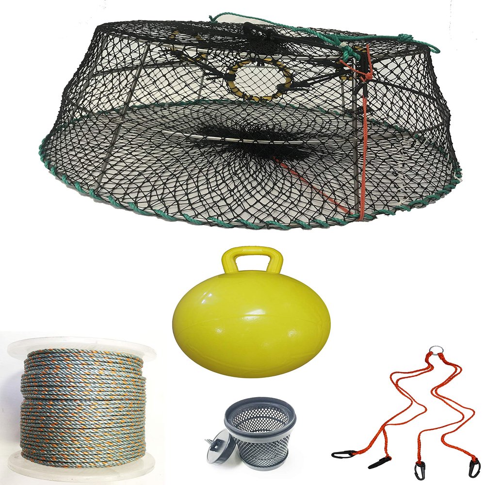 KUFA Sports Tower Style Prawn Trap with 400' Rope, Yellow Float, Vented Bait Jar & Harness Combo (CT77+PAL56+HA2)