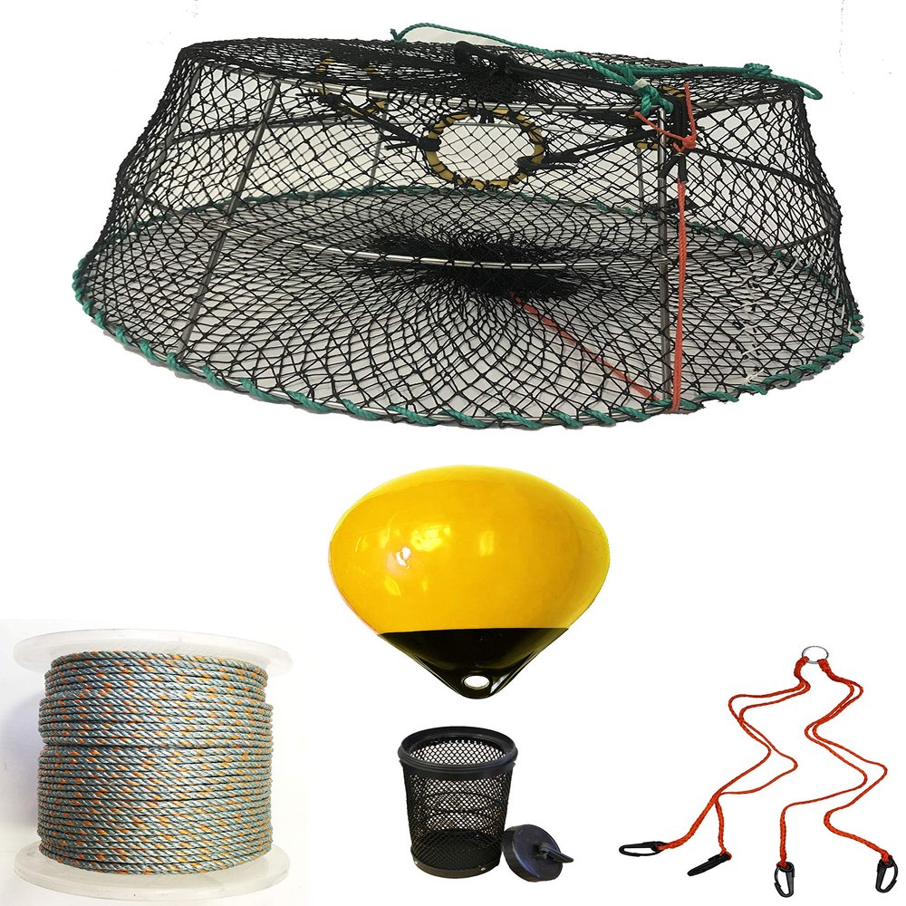KUFA Sports Tower Style Prawn Trap with 400' Rope, Yellow Float, Vented Bait Jar & Harness Combo (CT77+PAQ389+HA2)