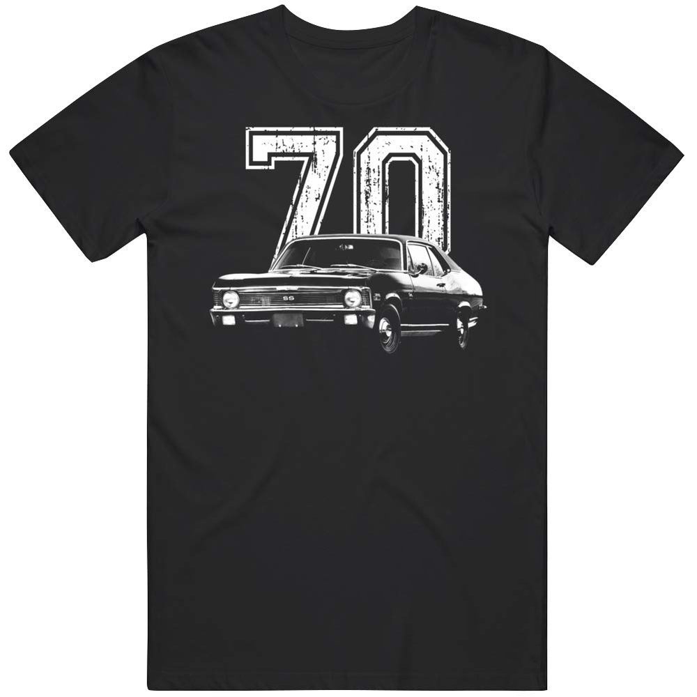 1970 Chevy Nova Ss Front Three Quarter View with Year T Shirt XL Black