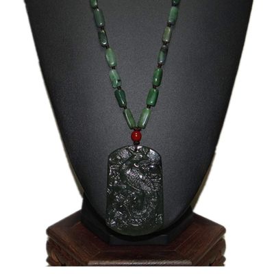 2.6" China Certified Nature Hetian Nephrite Green Jade Auspicious Phoenix Hand Carved Necklace Pendant