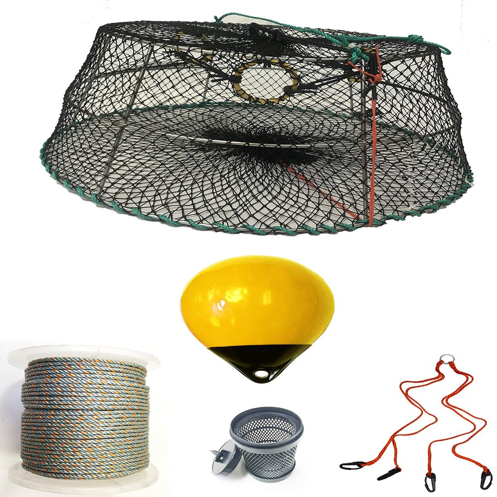 KUFA Sports Tower Style Prawn Trap with 400' Rope, Yellow Float, Vented Bait Jar & Harness Combo (CT77+PAL306+HA2)