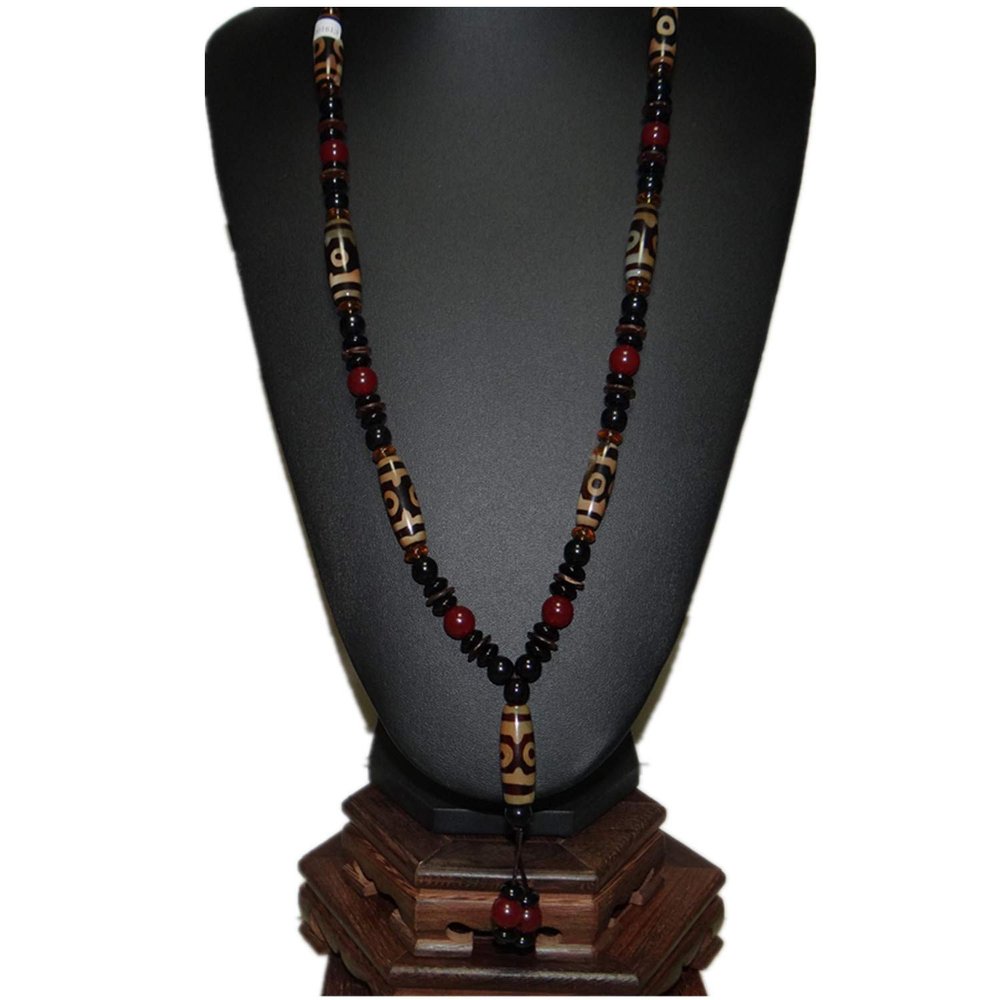 28" China Certified Nature Agate Jade Lucky Dzi Bead Necklace Pendants 0052