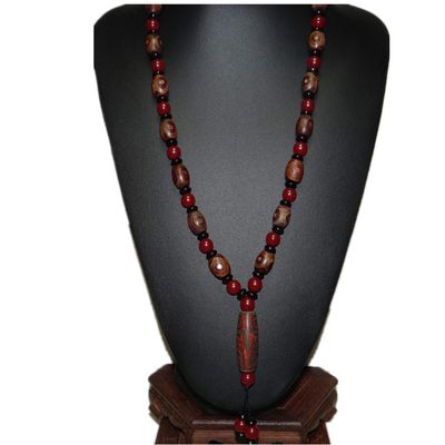 25" China Certified Nature Agate Jade Dzi Bead Necklace Pendants 0058
