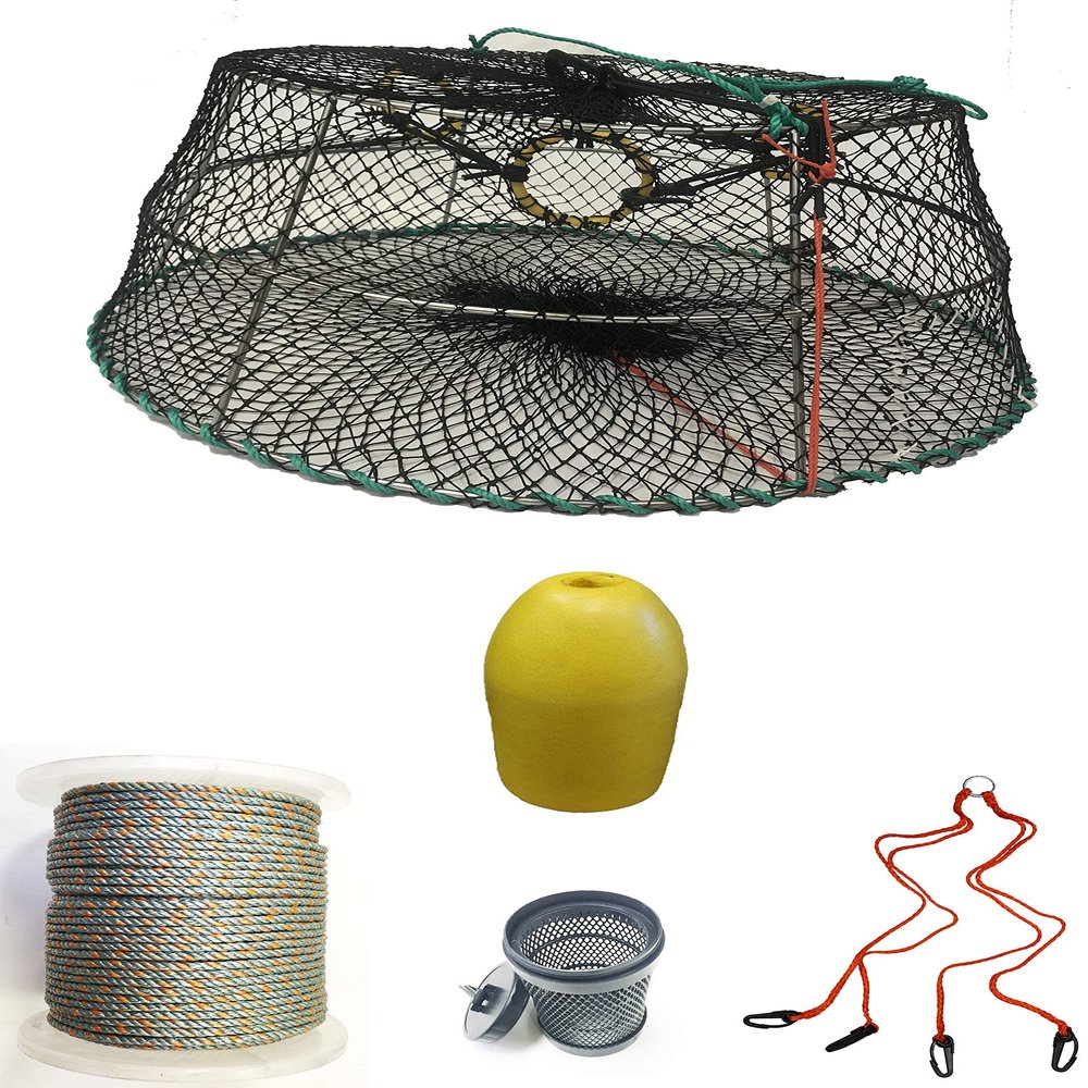 KUFA Sports Tower Style Prawn Trap with 400' Rope, Yellow Float, Vented Bait Jar & Harness Combo (CT77+PAQ16+HA2)