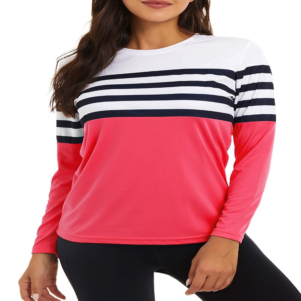 KINGFEN UPF 50+ Workout Tshirts Gym SPF Shirts for Women Long Sleeve Rashguard Blouses Uv Protection Moisture Wicking Sunscreen Fabric Outdoor Sun Protection Quick Dry Top Rose Red Medium