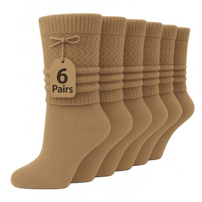 AWS/American Made 6 Pairs Cotton Slouch Knee Socks Shoe Size 5 to 10 (Beige)