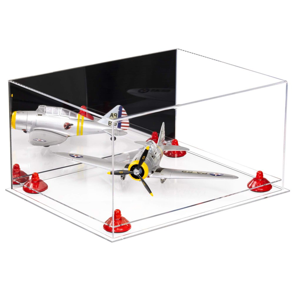 Better Display Cases Acrylic Versatile Display Case - Large Rectangle Box with Mirror Case, Red Risers and Clear Base 15.25" x 12" x 8" (A026/V12)