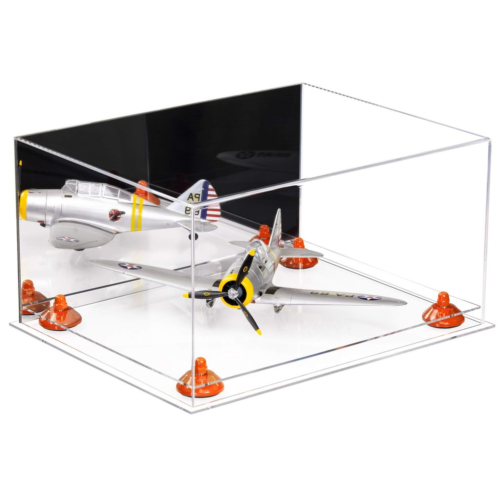 Better Display Cases Acrylic Versatile Display Case - Large Rectangle Box with Mirror Case, Orange Risers and Clear Base 15.25" x 12" x 8" (A026/V12)