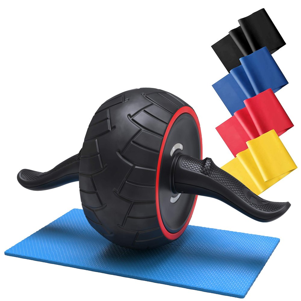 Ab Roller for Abs Exercise Workout Fitness -Ab Wheel Roller Knee Mat Resistance Bands Home Gym Equipment for Men Women Abdominal Exercise (Black w Resistance Bands)