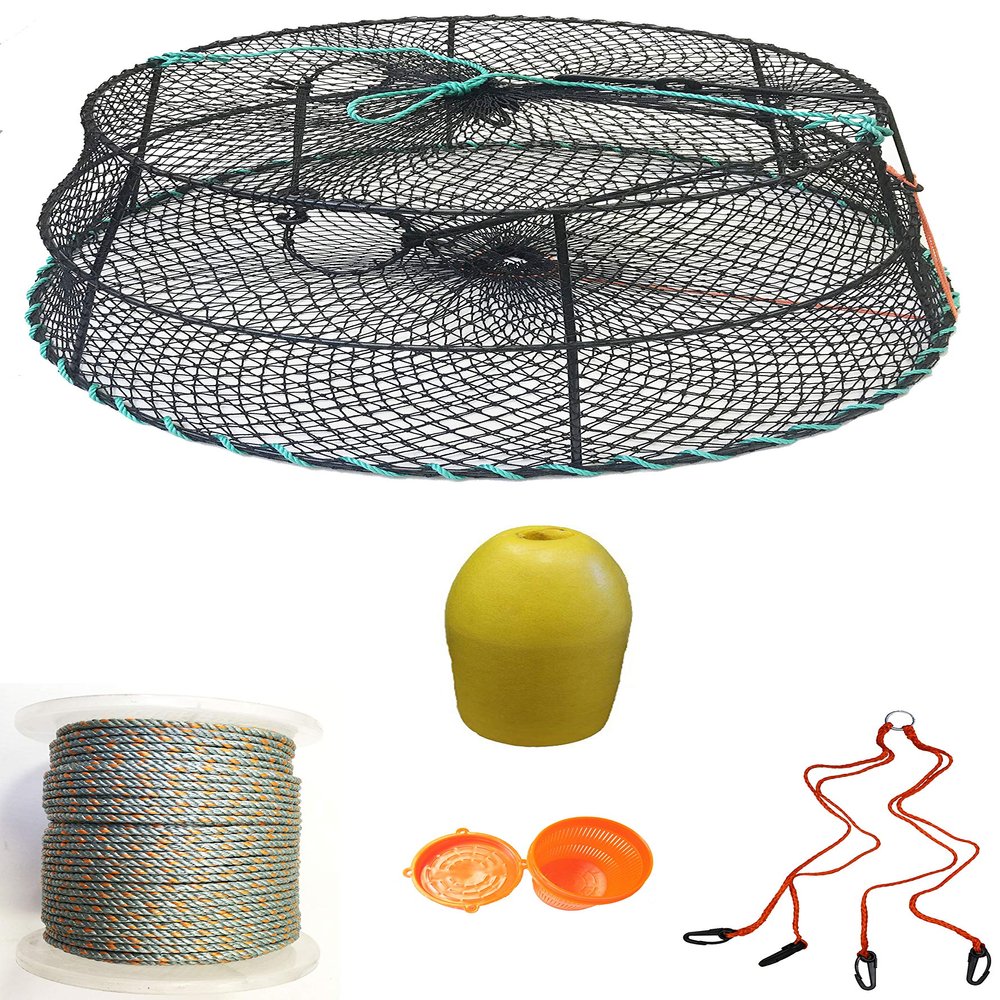KUFA Sports Vinyl Coated Tower Style Prawn Trap with 400' Rope, Yellow Float, Vented Bait Jar & Harness Combo (CT79+PAL35+HA2)