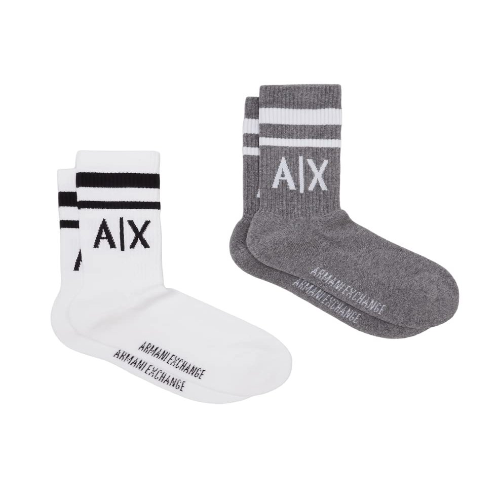 Armani Exchange Men's Logo Crew Socks 2 Pack, White/Melange Grey, Large-X-Large