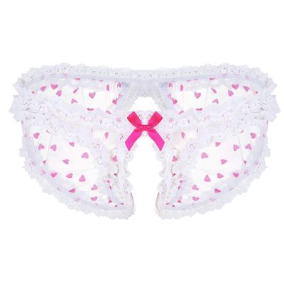 Lejafay Mens Nylon Hearts Print Sheer Sissy Panties Crossdress Lingerie Frilly Ruffled Gay Underwear Pink Medium