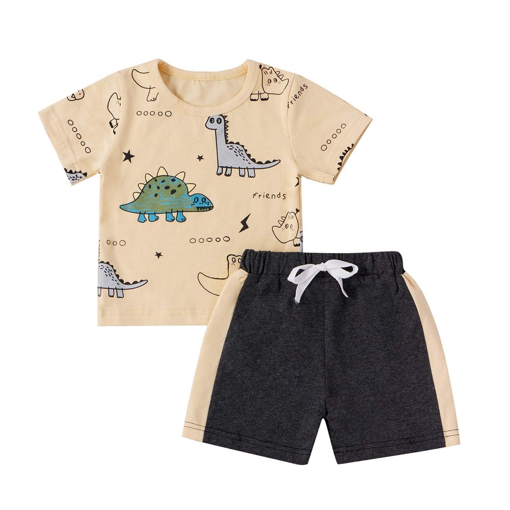 One opening Toddler Baby Boy Summer Clothes Daddy Son Letters T-Shirts Tees Tops+Camouflage Shorts Pants Outfits 2PCS Shorts Set Clothes (Beige Dinosaur outfits, 18-24 months)