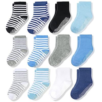 CozyWay Toddler Grip Socks - Non-Slip Gripper Soles for Active Play with Toddler Socks With Grippers - Breathable Soft Cotton Crew Style - 3T-5T, Blue/White Crew - Pack of 12