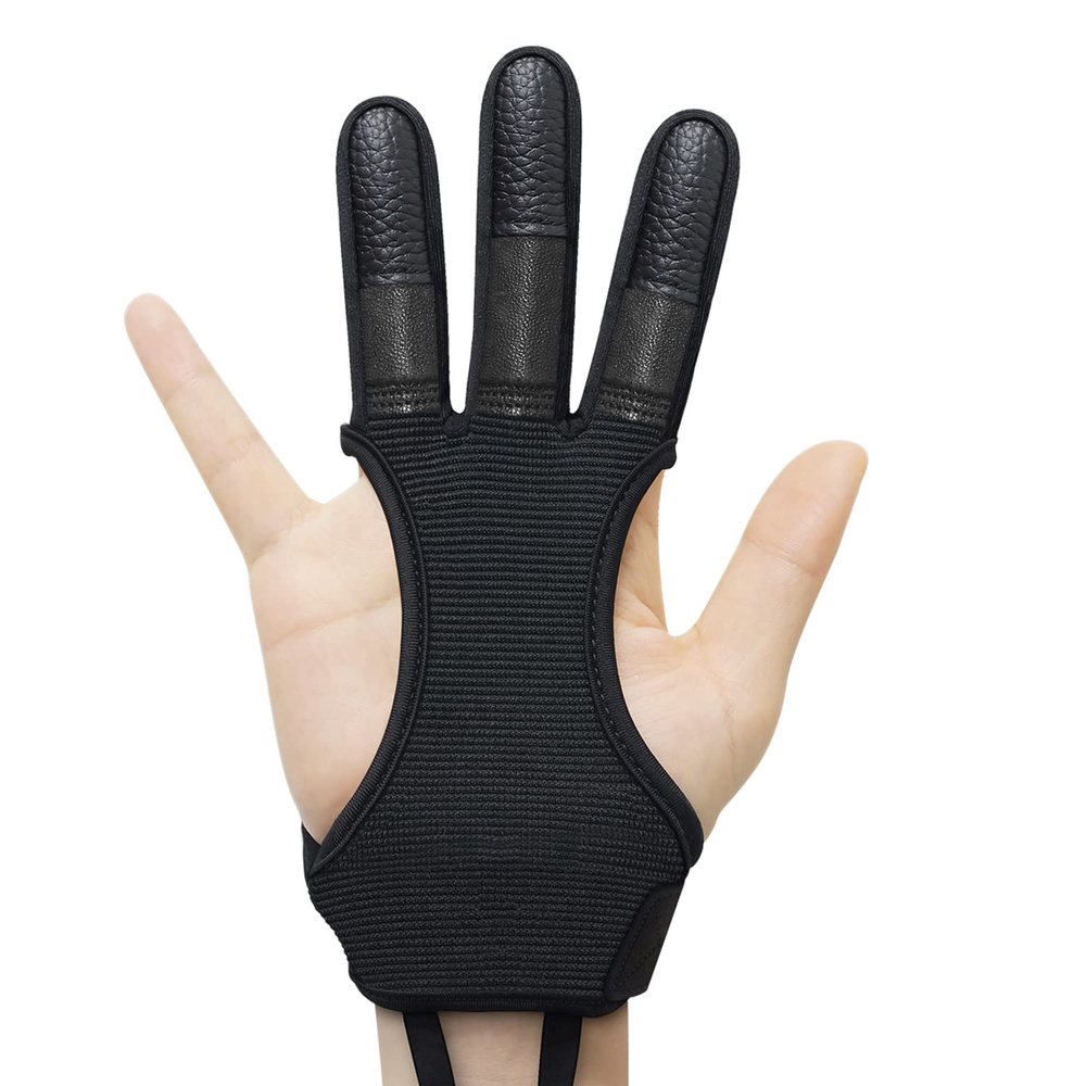 Seektop Archery Gloves Shooting Hunting Leather Three Finger Protector for Youth Adult Beginner (Update Black, L)
