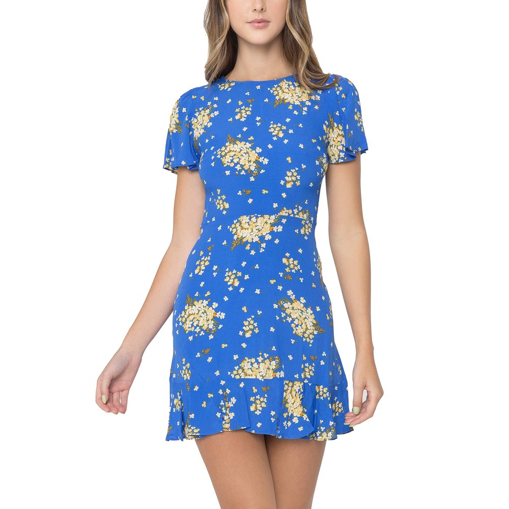 Bee Darlin Women's Flutter Sleeve Ruffle Hem Dress with Allover Floral Print Royal Yellow