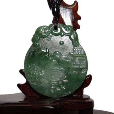 1.9" China Certified Nature Hetian Nephrite Jade Nice Landscape Hand Carved Necklace Pendant 0072