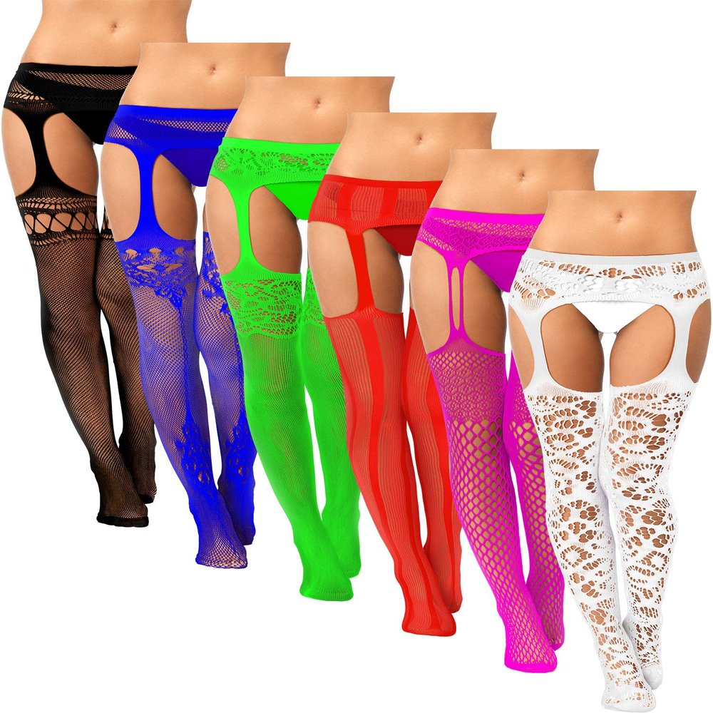 Skylety 6 Pairs Fishnet Stockings for Women Plus Size Thigh-high Tights Stockings Suspender Pantyhose Garter Belts(Medium-large,Black, Blue, Green, Red, Rose Red, White)