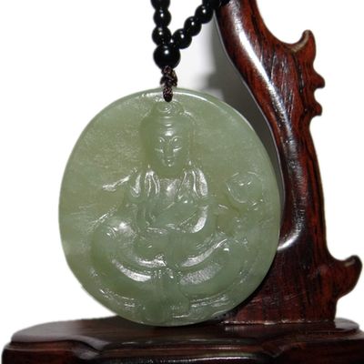 2" China Certified Nature Hetian Nephrite Jade Blessing Guanyin Hand Carved Necklace Pendant 0074