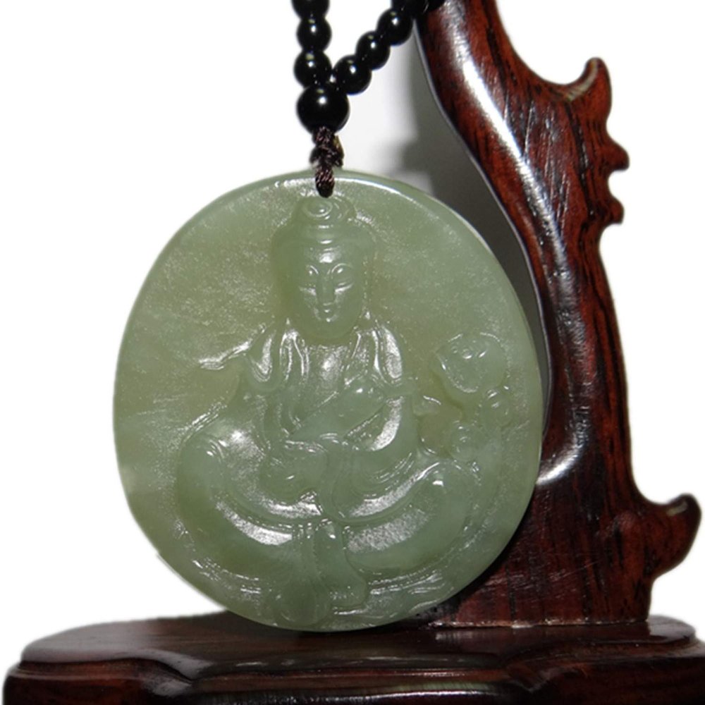 2" China Certified Nature Hetian Nephrite Jade Blessing Guanyin Hand Carved Necklace Pendant 0074