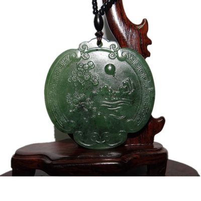 2.2" China Certified Nature Hetian Nephrite Jade Nice Landscape Double Carved Necklace Pendant 0071