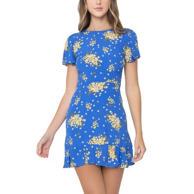 Bee Darlin Women's Flutter Sleeve Ruffle Hem Dress with Allover Floral Print Royal Yellow