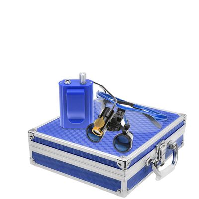 Binocular Loupes 3.5X 420mm Working Distance Optical Glass + 5W LED Headlight with Filter Clip-on Type +Aluminum Box Blue