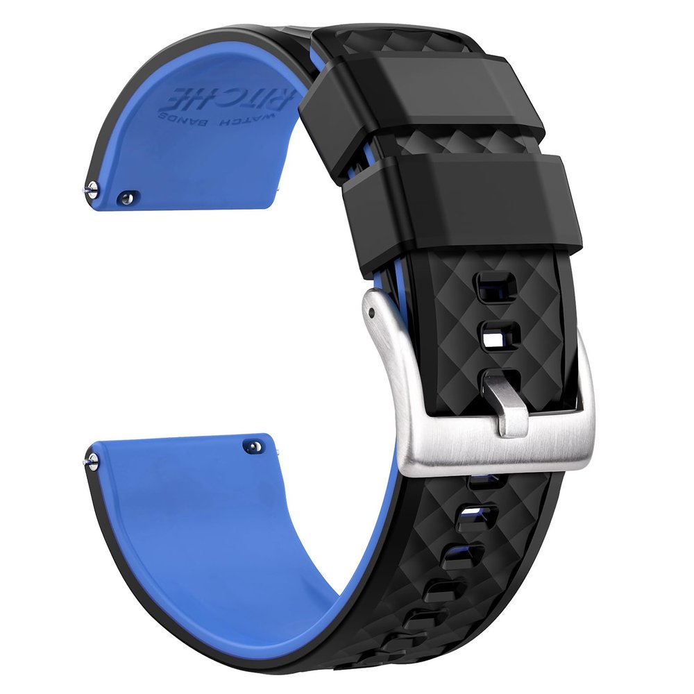 Ritche Christmas Gift 24mm Silicone Watch Band Quick Release Rubber Watch Bands for Men Women - Black Top Blue Bottom Silver Buckle, White Elephant Gifts, Stocking Stuffers for Men