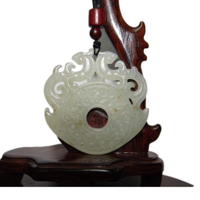 2" China Certified Nature Hetian Nephrite Jade Auspicious Double Dragon and Coin Double Carved Necklace Pendant 0099