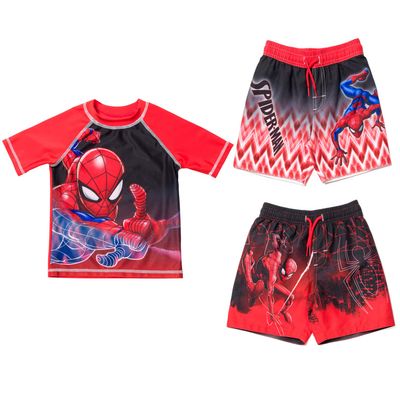 Marvel Avengers Spider-Man Big Boys Swim Rash Guard Swim Trunks Blue/Multicolor 10-12