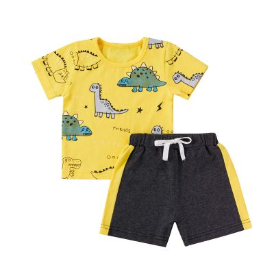 One opening Toddler Baby Boy Summer Clothes Daddy Son Letters T-Shirts Tees Tops+Camouflage Shorts Pants Outfits 2PCS Shorts Set Clothes (Yellow Dinosaur outfits, 18-24 months)