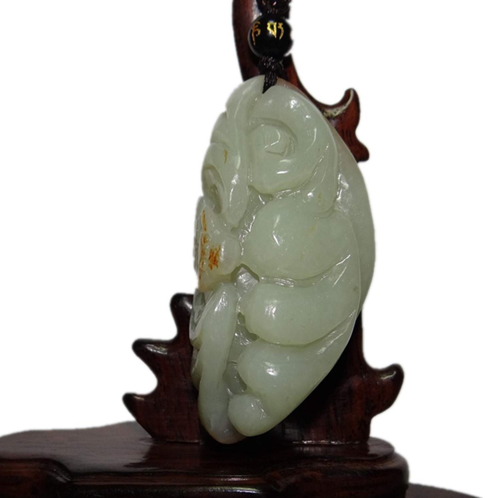 2.6" China Certified Nature Hetian Nephrite Jade Blessing Bat and Ruyi Hand Carved Necklace Pendant 7461