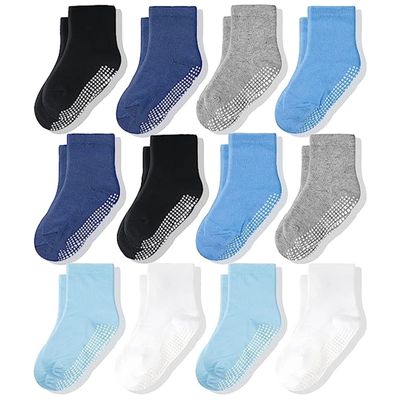 CozyWay Crew Grip Youth Socks - Non-Slip Toddler Sock with Grippers - Soft Breathable Cotton Comfort - Size 5-7T, Blue/White/Gray, Pack of 12