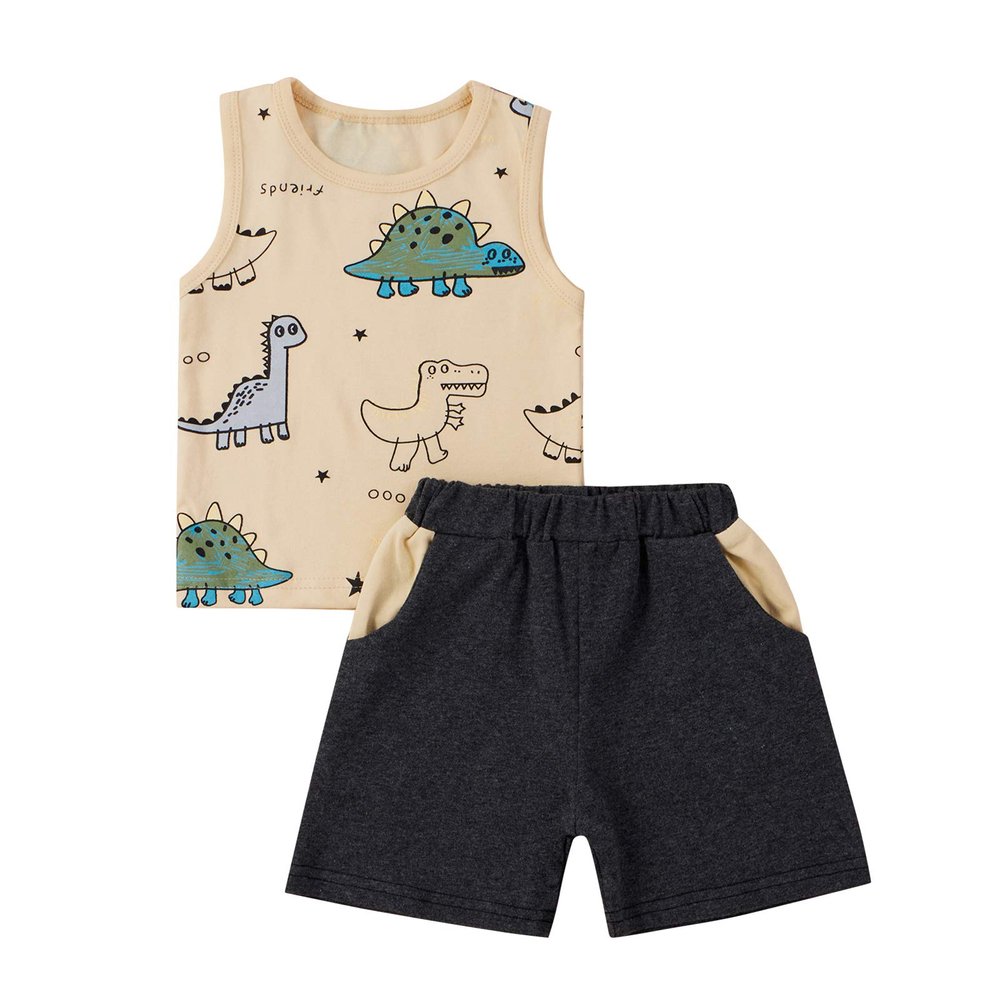 One opening Toddler Baby Boy Summer Clothes Daddy Son Letters T-Shirts Tees Tops+Camouflage Shorts Pants Outfits 2PCS Shorts Set Clothes (Beige Dinosaur Tank outfits, 2T-3T)