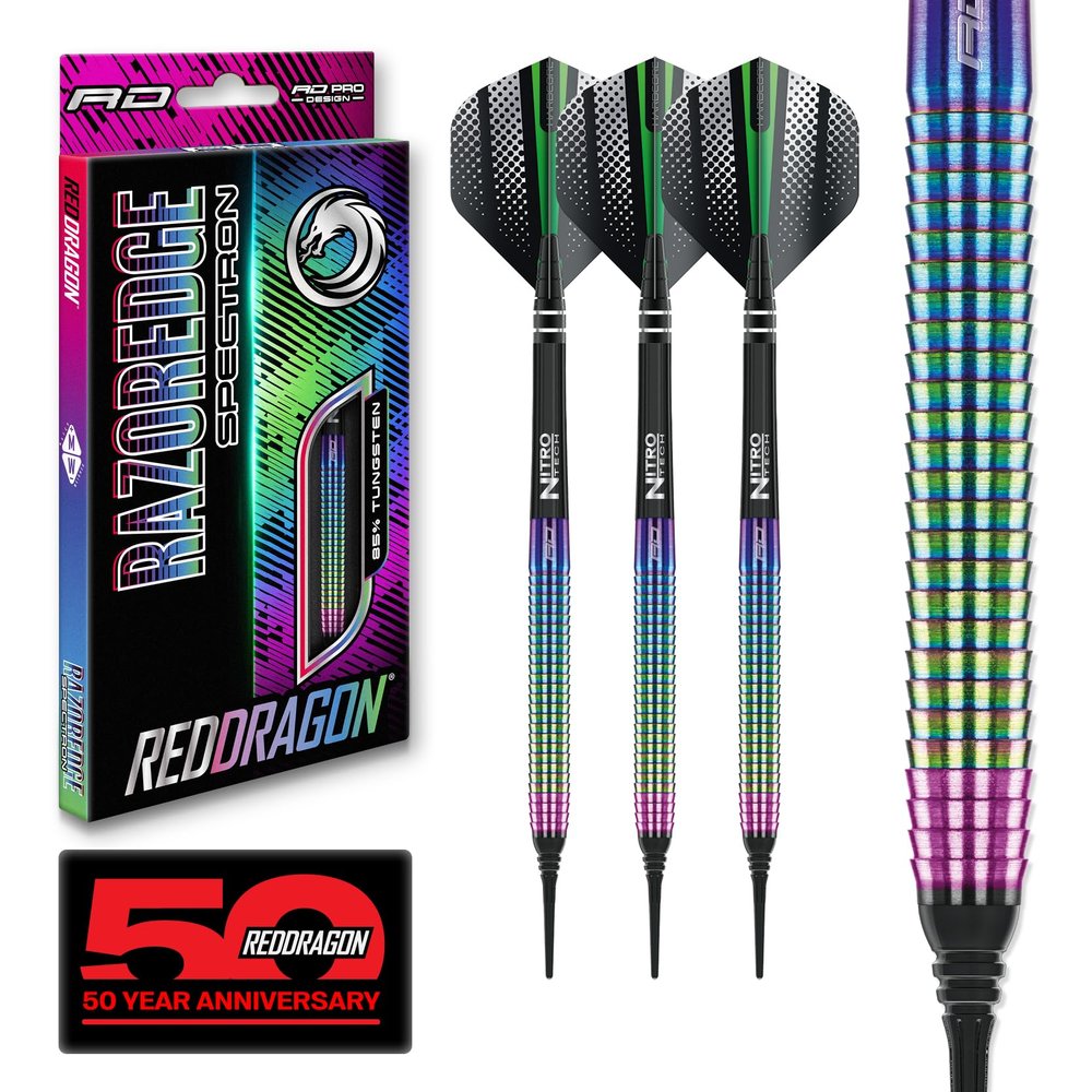 RED Dragon Razor Edge Spectron 18 Gram Softip Tungsten Darts with Flights and Stems