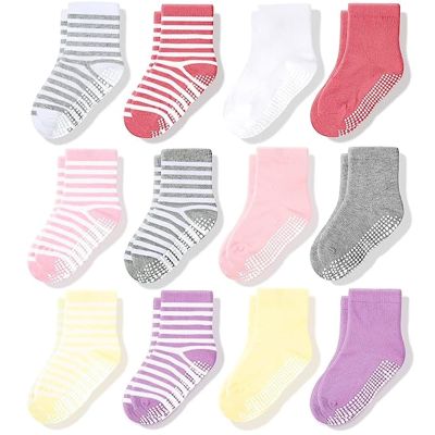 CozyWay Kids Crew Grip Socks - Non-Slip Soles & Toddler Socks with Grippers - Soft Breathable Cotton Comfort - Machine Washable Durability - Size 5-7 Years, Pink/White, Pack of 12